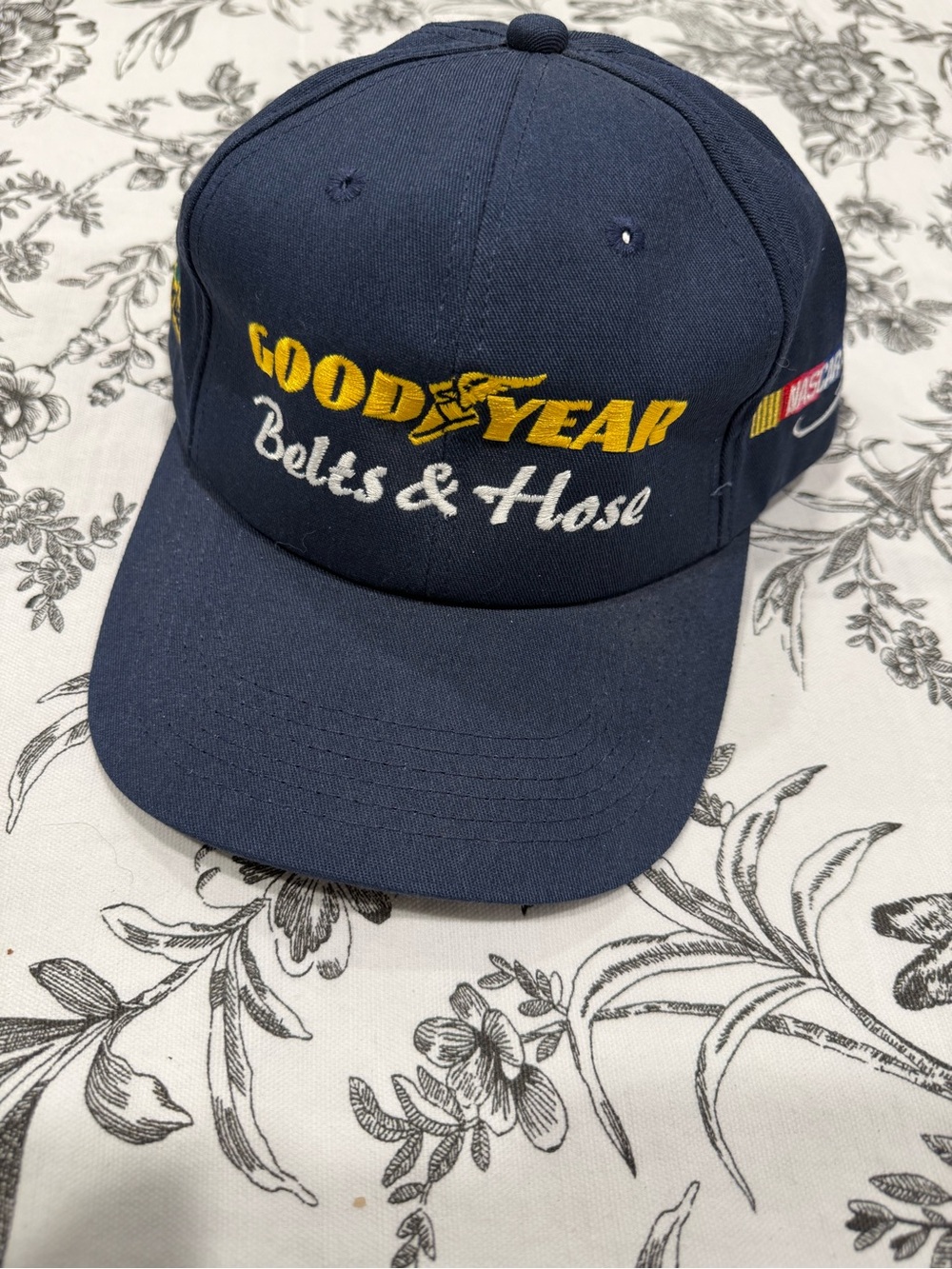 Navy Embroidered 'Belts & Hose Vintage ' Baseball Cap with nascar branding logo